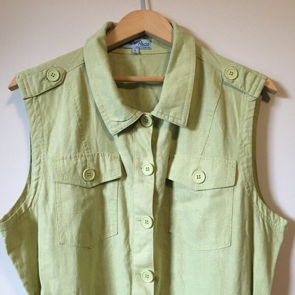 Paco Lime Green Linen Blend Sleeveless Button Up Utility Vest - Picture 3 of 14
